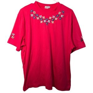 Vintage BonWorth T-Shirt Red Pink Embroidered Floral